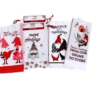 Gnome Holiday Gift Set 4 Gift Bags & 4 Gnome Kitchen Towels- Christmas Decor NEW